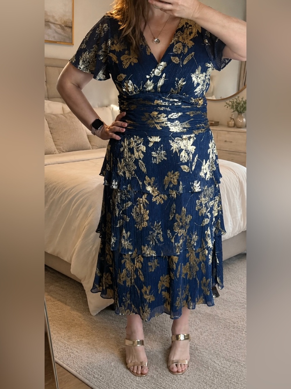 SLNY Navy Blue and Gold Floral Maxi/Midi Cocktail Semi-Formal Dress